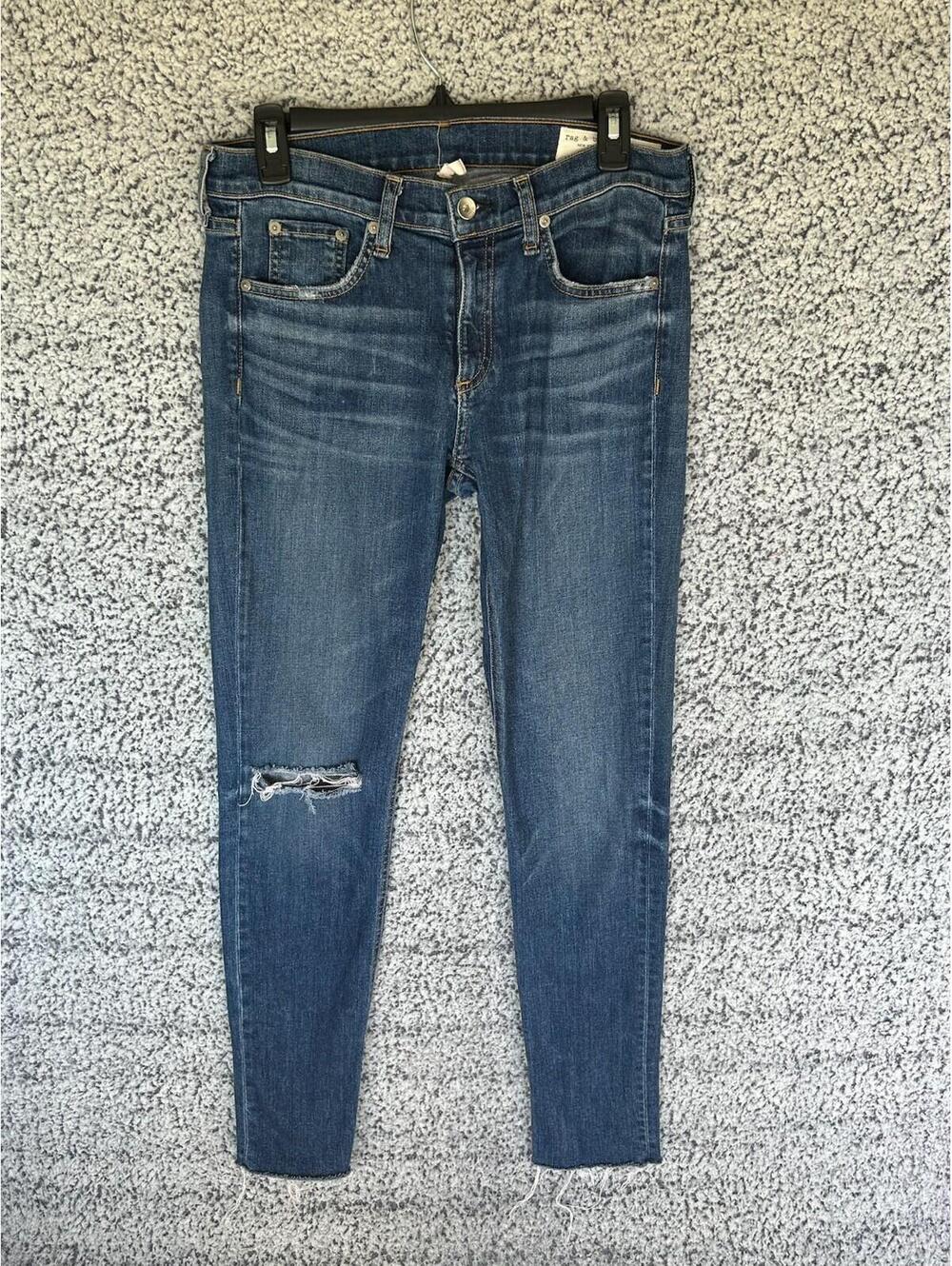 Rag & Bone Dre Jeans 27 Distressed Raw Hem Skinny Stretch Denim Blue